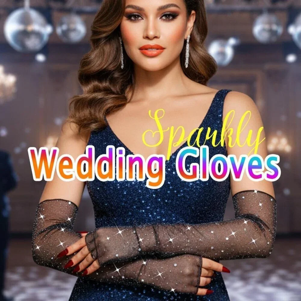 Women's Sparkly Rhinestone Black Long Sleeves Fingerless Elbow Length Gloves